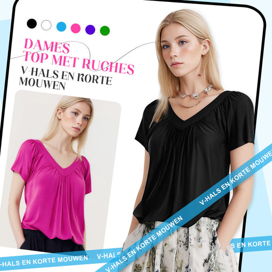 ✨2025 Nieuwe Hot Sale--49% Korting☀️Casual damestop met geplooide V-hals en korte mouwen