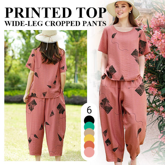 💗50% korting voor een beperkte tijd💗Dames Geprinte Korte Mouwen Top & Cropped Broek Set