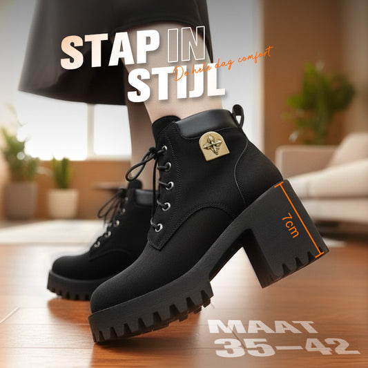 🔥【35-42】 👢✨2025 Nieuw voor dit najaar: enkellaarzen met dikke hak en plateauzool – retro model met vetersluiting voor dames