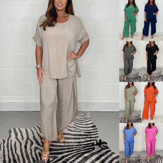 🔥Laatste dag 50% UIT🔥Fashion Casual Losse Plus Maat 2-Delige Set - Korte Mouw + Broek Met Wijde Pijpen