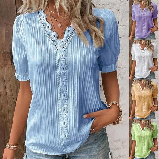 V-hals effen gekleurde kanten elegante blouse