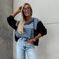 Dames gelaagde hoodie denim jack met trekkoord