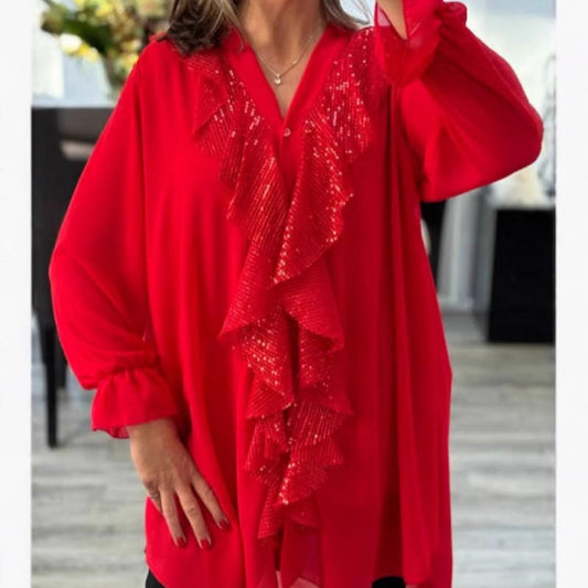 💃Dames V-hals chiffon pailletten lange mouw shirt