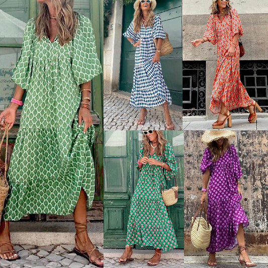 Dames elegante maxi-jurk met pofmouwen, bloemenprint en boho-stijl
