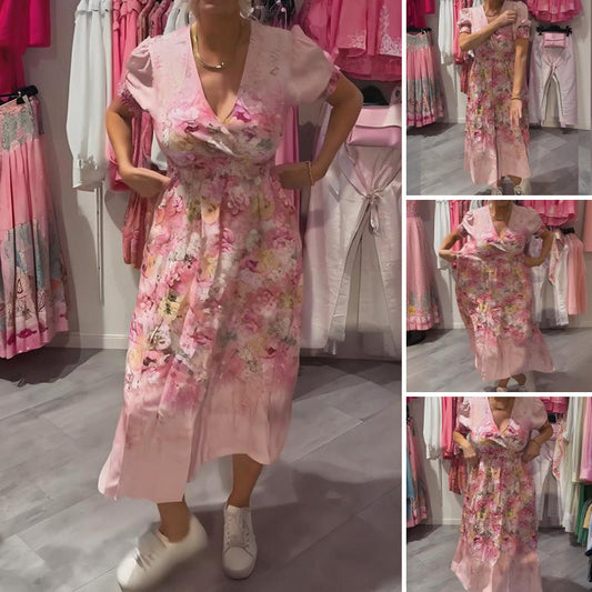 Elegante lange jurk met bloemenprint en V-hals voor dames