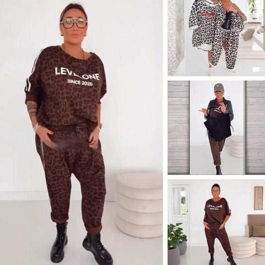 Dames tweedelige set met luipaardprint (trui en broek)